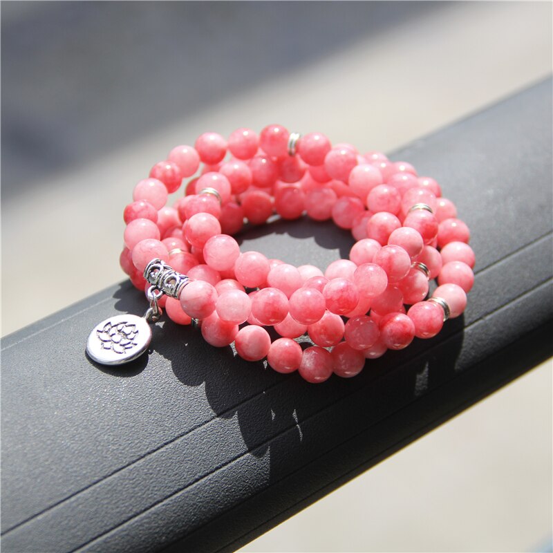 Kvinde mala halskæde & armbånd til kvinder natursten rhodochrosite perler yoga armbånd mala lotus 108 perler pink armbånd: Lysegul guldfarve