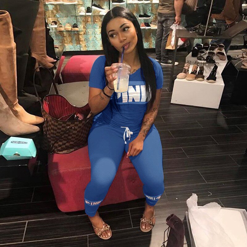 Pink Letter Print 2pcs Tracksuits Women Two Piece Set Street T-shirt Tops And Jogger Set Suits Casual 2pcs Outfits: sky blue / S