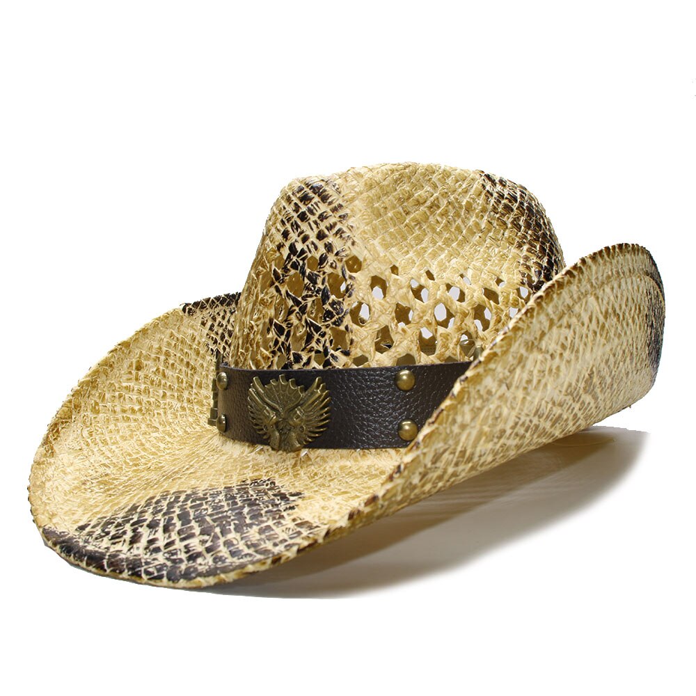 Luckylianji retro dam herr sommar halm strand bred brätte cowboy western cowgirl hatt ihåliga vapen skylt läderband (justerad)
