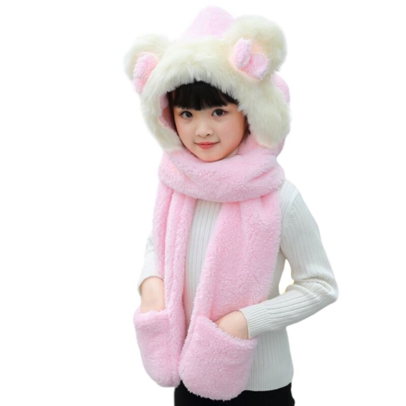 Toddler 3 In 1 Warm Plush Winter Hat Cute Bowknot Bear Ears Kids Scarf Mitten Gloves with Pockets Earflap Hoodie Cap: Pink