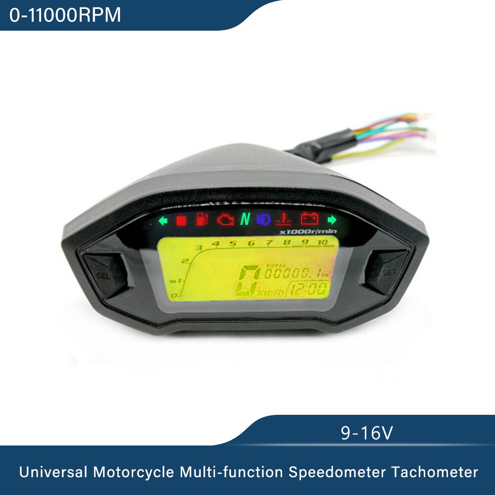 7 Backlight LCD Digital Motorcycle 0-199km/h MPH Speedometer Odometer Time Fuel Level for 2 4 Cylinders 11000RPM Universal