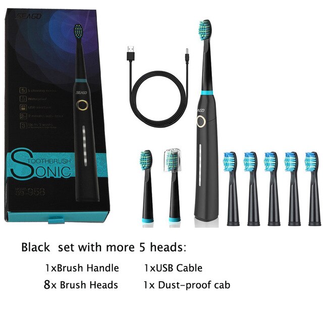 Seago sonic elektrisk tandbørste usb genopladelig med voksne 5 udskiftningshoveder til sort hurtig start timer tandbørste: Sort med 5 stk 899