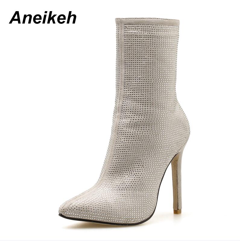 Aneikeh höst glitter skor höga dam ankelboots strass spetsig tå tunna klackar chelsea boots skor stl 35-40: Silver- / 6
