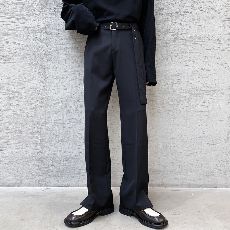 Pantalones de traje coreanos de otoño para hombre, pantalones informales de negocios de Color sólido a la ajustados, pantalones de vestir rectos para hombre con cinturón de calle: Black / XL