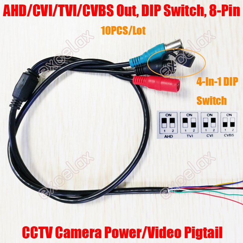 10PCS/Lot DIP Switch 8Pin 4 In 1 AHD CVI TVI CVBS BNC Video DC12V Power Lead Pigtail Cable for XM Analog HD CCTV Camera Assemble