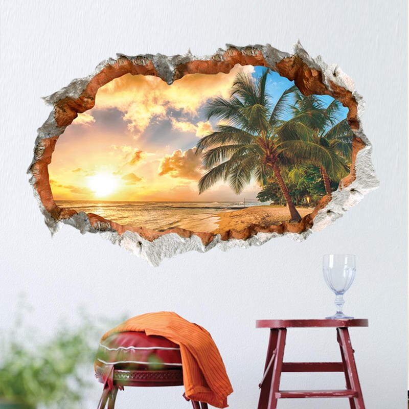 Self-Adhesive 3D Wall Sticker Beach Palm Tree Window Decal Mural Wallpaper Removable PVC Home Decoration Wall Stickers