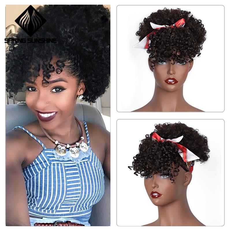 High Puff Afro Kinky Curly Synthetic Ponytail with Bangs Ponytail Hair Extension Drawstring Short Afro Pony Tail Clip in 1PC