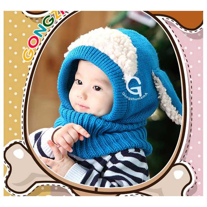 Doitbest-gorros tejidos con estilo de perro para niños, gorras de invierno de piel para niñas pequeñas, gorra combinada, chal de 6 meses a 4 años: Azul