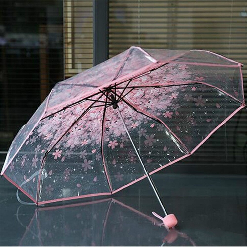 Paraply gennemsigtig flerfarvet klar paraply kirsebærblomst sakura langhåndtag paraplyakut kvinde paraplyer: Lyserød