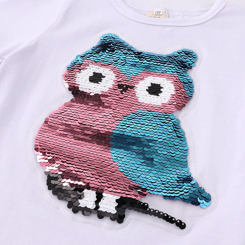 Elvesnest ugle grafisk t-shirts nyhed pailletter børn piger t-shirt bomuld korte ærmer børn pige toppe tegneserie børnetøj