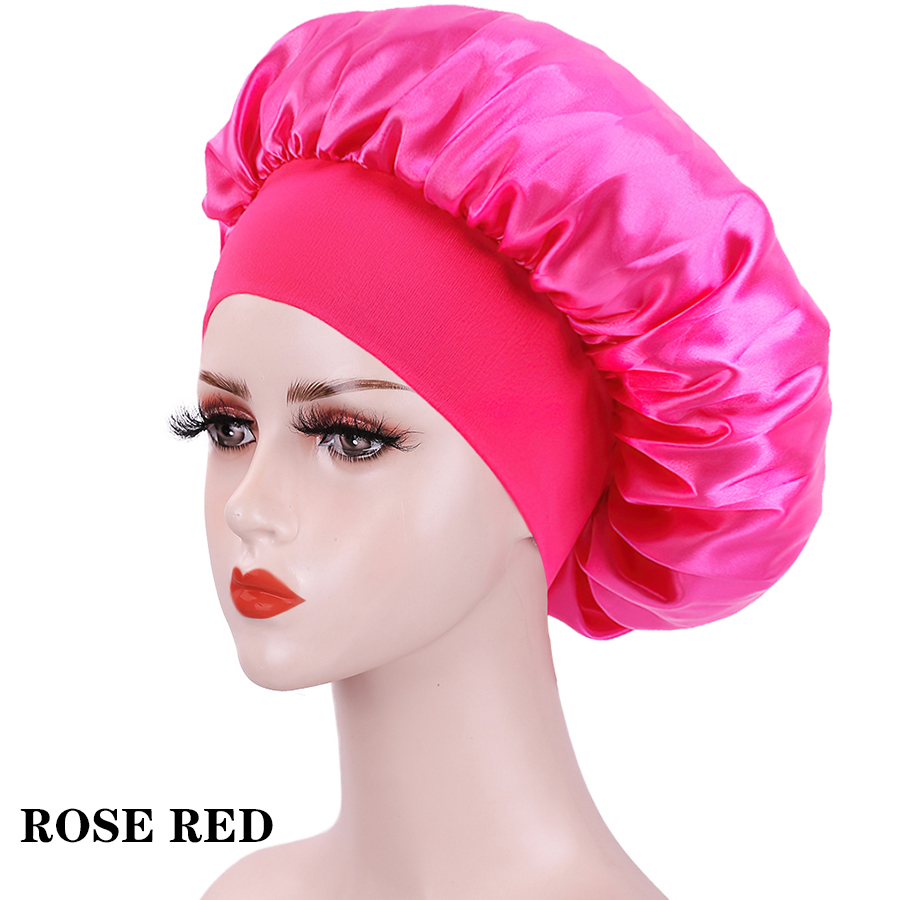 Wide Elastic Band Women Satin Night Sleep Cap Hair Bonnet Hat Silk Head Cover Women&#39;s Satin Solid Sleeping Hat Night Sleep Cap: ROSE RED