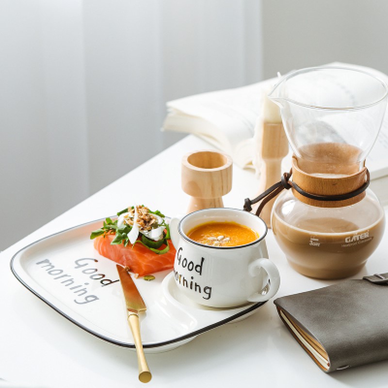 Ensemble de petit déjeuner en porcelaine, tasse à lait, grille divisée, pâtes, assiette à Dessert, bol de petit déjeuner, couvercle en bois, tasse d'eau, vaisselle