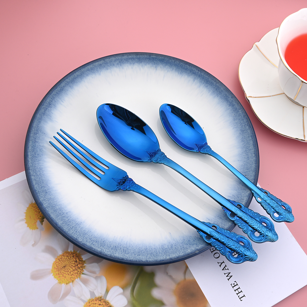24Pcs Blue Cutlery Set Knives Fork Tea Spoon Dinner Tableware 304 Stainless Steel Dinnerware Set Kitchen Flatware Silverware