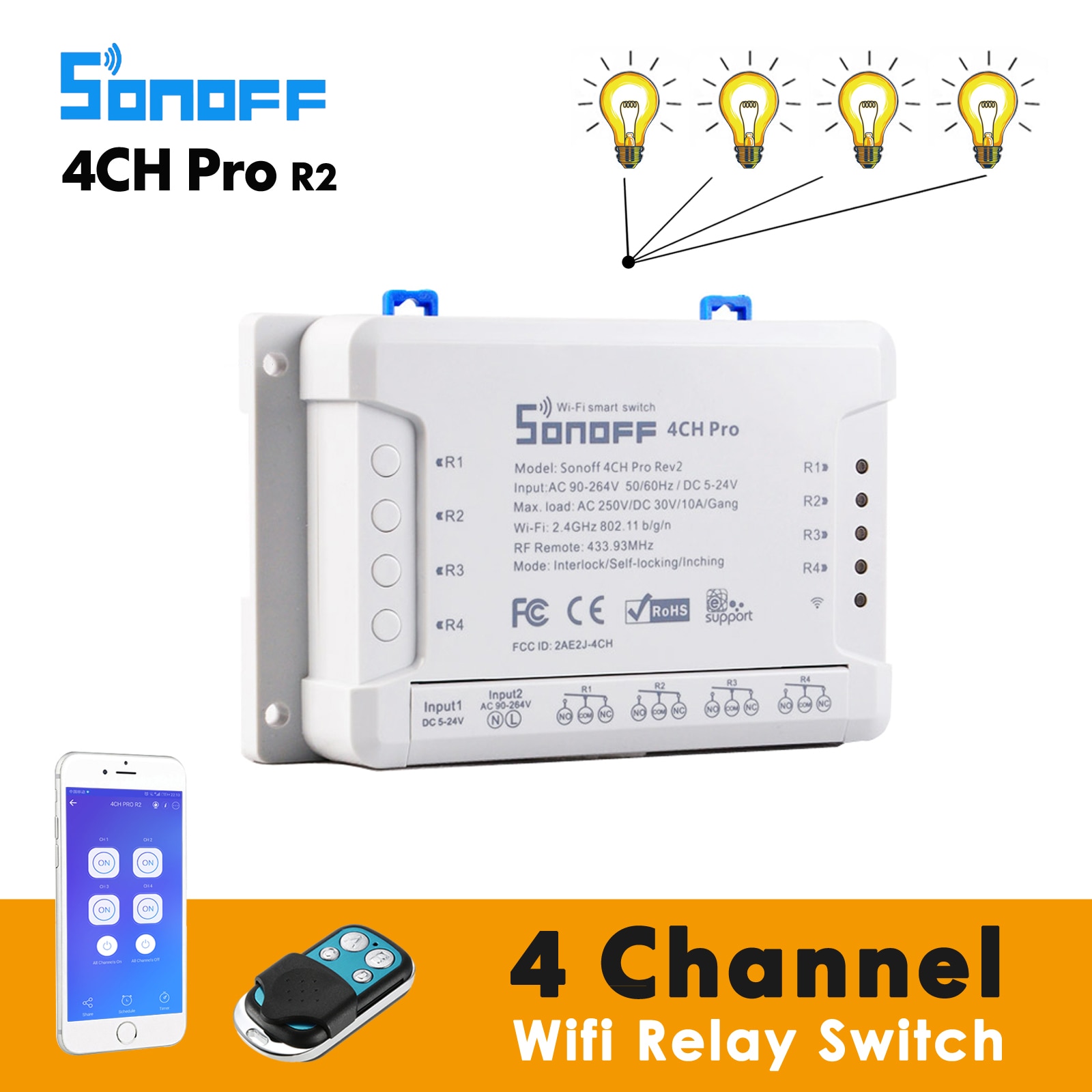 Sonoff 4ch pro  r2 / 4ch r2 smart wifi switch 4 gäng ljus switch , 433 mhz rf wifi relä ewelink arbeta med alexa google home