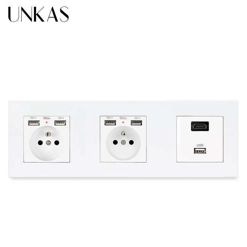 UNKAS 3 Gang French Wall Power Socket Dual USB + HDMI Port USB 3.0 Jack TV RJ11 Telephone RJ45 Internet PC Plastic Panel Outlet: 2 FR 1 HDMI USB3.0