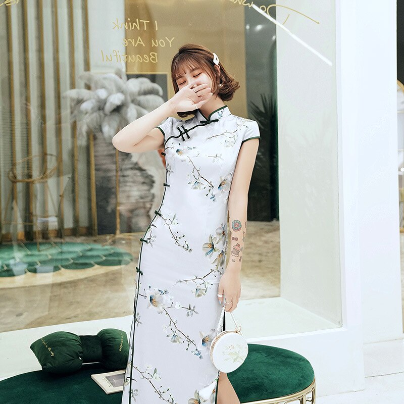 Vestido de estilo chino Oriental de satén Qipao – Grandado