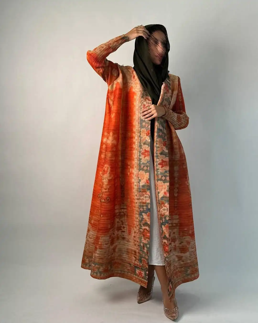 KAF Plissee Frauen Graben Mantel Jahrgang Gedruckt Strickjacke verlieren Plus Größe Frauen Lange Kleid Dubai Weibliche Luxus Abaya 2024