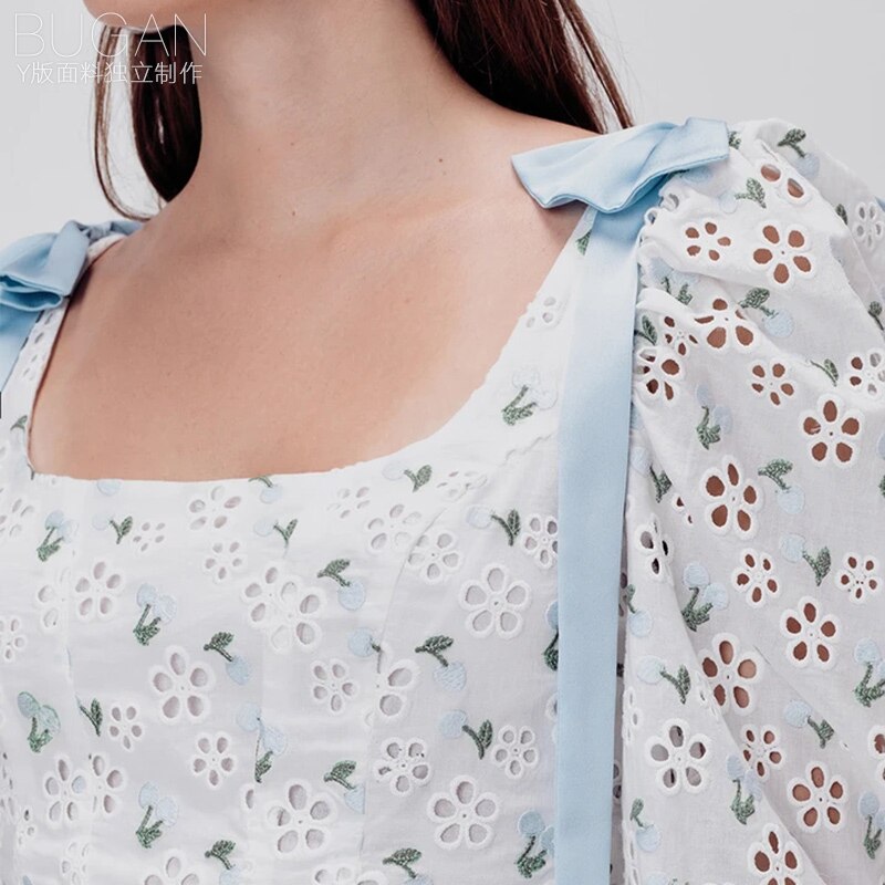 BOHO INSPIRED embroidered cherry eyelet blouse women shoulder bow lace-up back womens tops and blouses asymmetrical summer tops