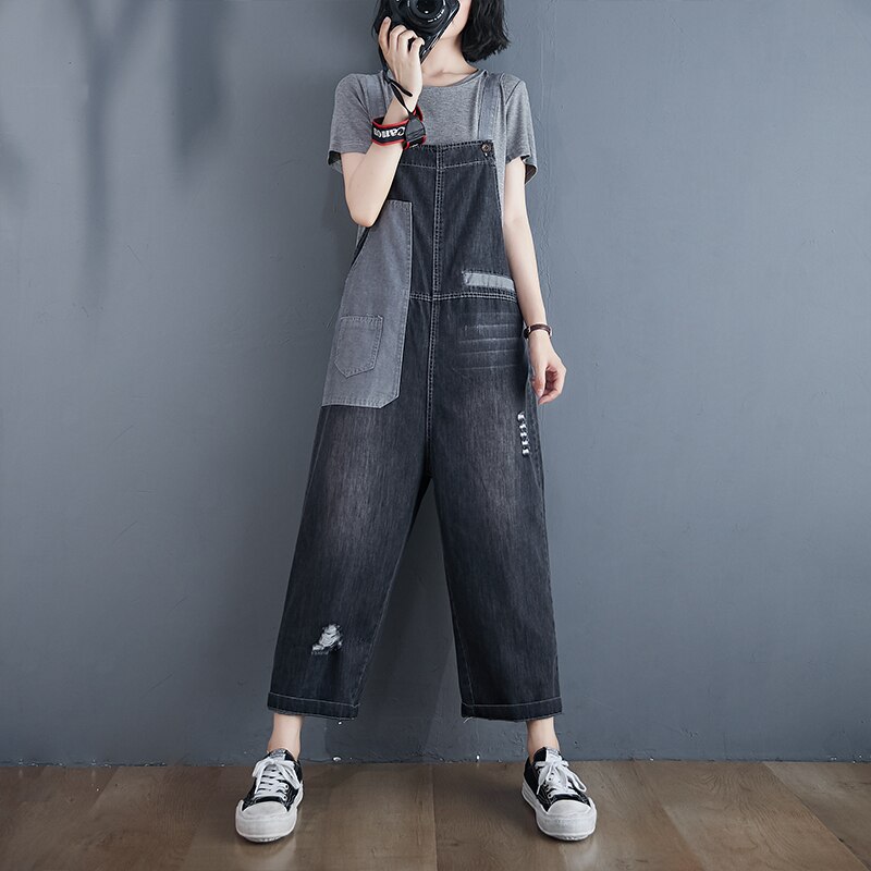 Ropa de calle gris negro mujer mono mezclilla holgada oversize rasgada Mom Jeans monos camal ancho Patchwork bolsillo Correa pantalones holgados: Black / XXL