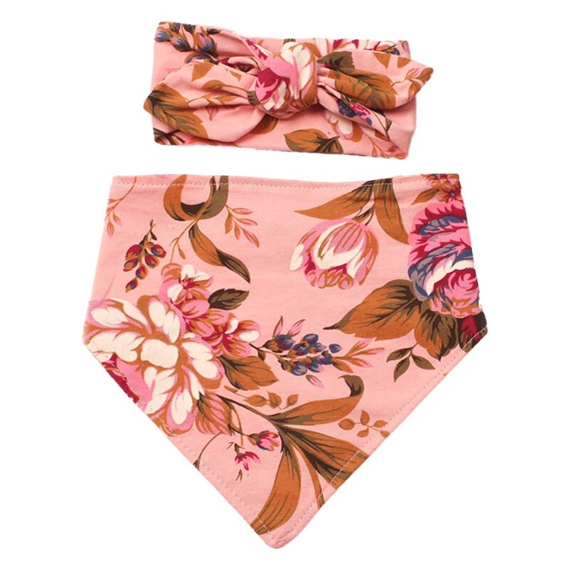 2 Pcs Babyvoeding Kwijl Bib Hoofdband Set Double Side Bloemenprint Slabbetjes Haar Band Kit Speeksel Handdoek Zachte Pure katoen Driehoek Voor: 3