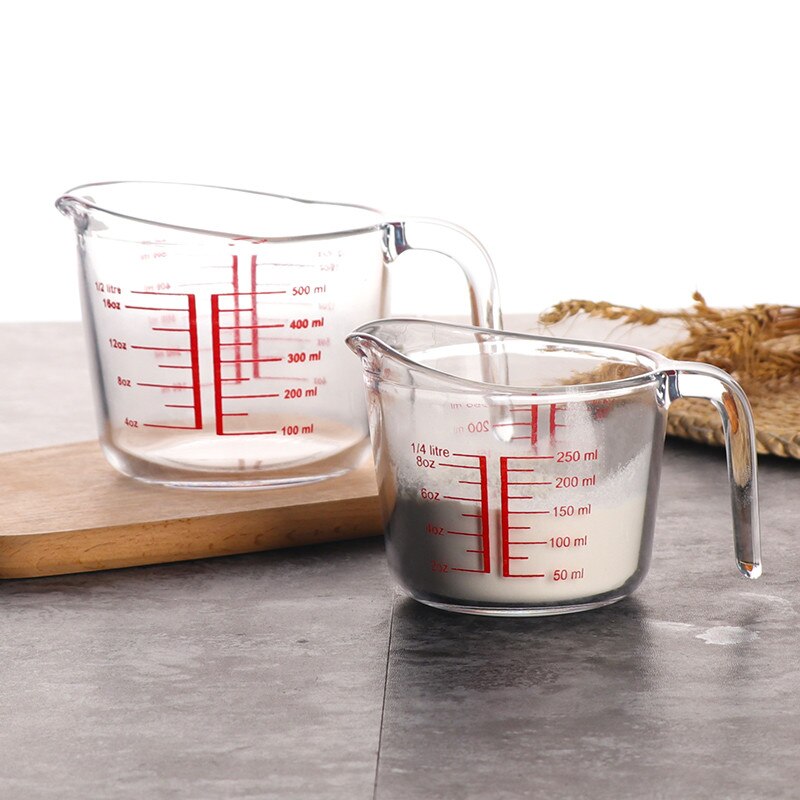 Taza medidora de vidrio resistente al calor con escala, herramienta de medición de vidrio para horno microondas, Hornear en Casa con agarre en ángulo de medición roja
