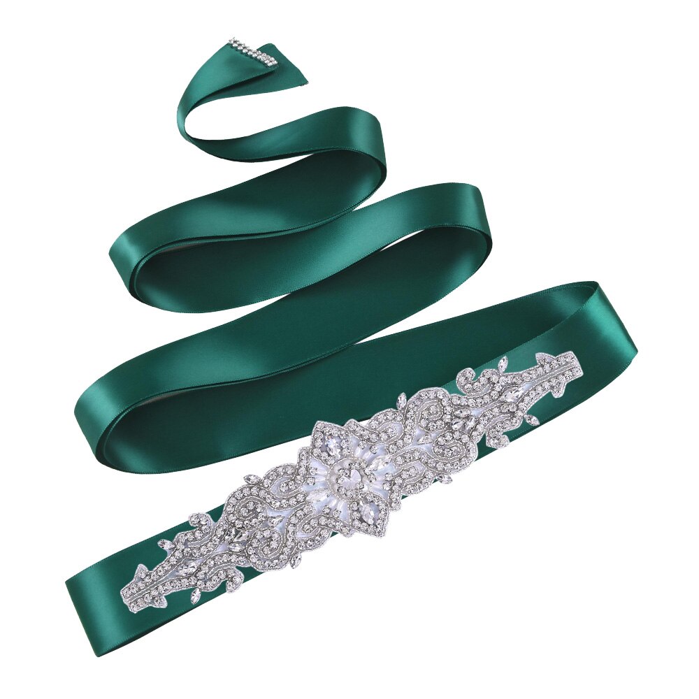 TOPQUEEN S26 Luxus Strass Hochzeit Kleider Gürtel Frauen Kristall Gürtel für Braut Hochzeit Bund Jewel Gürtel Braut Schärpen: Dark Green ribbon