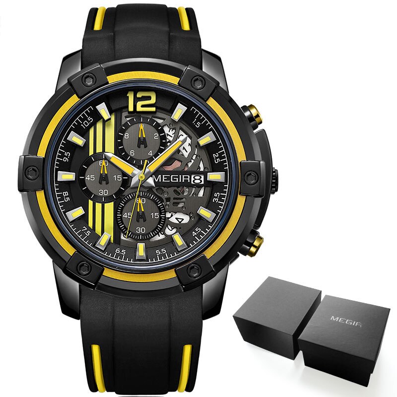 Megir Mannen Zwarte Siliconen Band Quartz Horloges Chronograaf Sport Horloge Voor Man 3atm Waterdichte Lichtgevende Handen 2097 Geel: MN2097G-Yellow