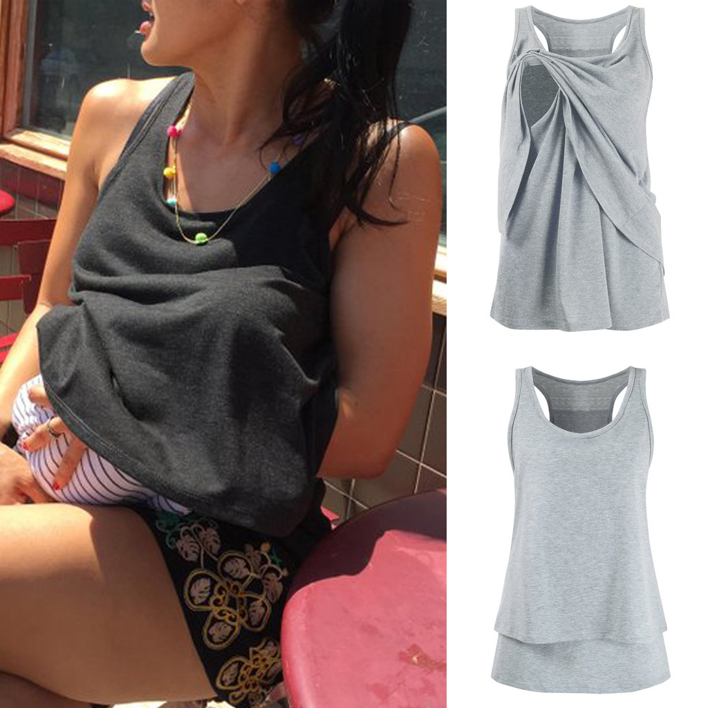 Summer Nursing Tank Tops Women's Black Vest Maternity O-Neck Tops Wrap Double Layer Sleeveless Blouse T Shirt Pregnant Tops