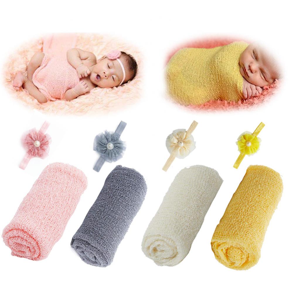 60% 2 Stuks Mooie Elastische Baby Lace Deken Wrap Bloem Hoofdband Pasgeboren Fotografie Prop Kinderen Twee-stuk Fotografie