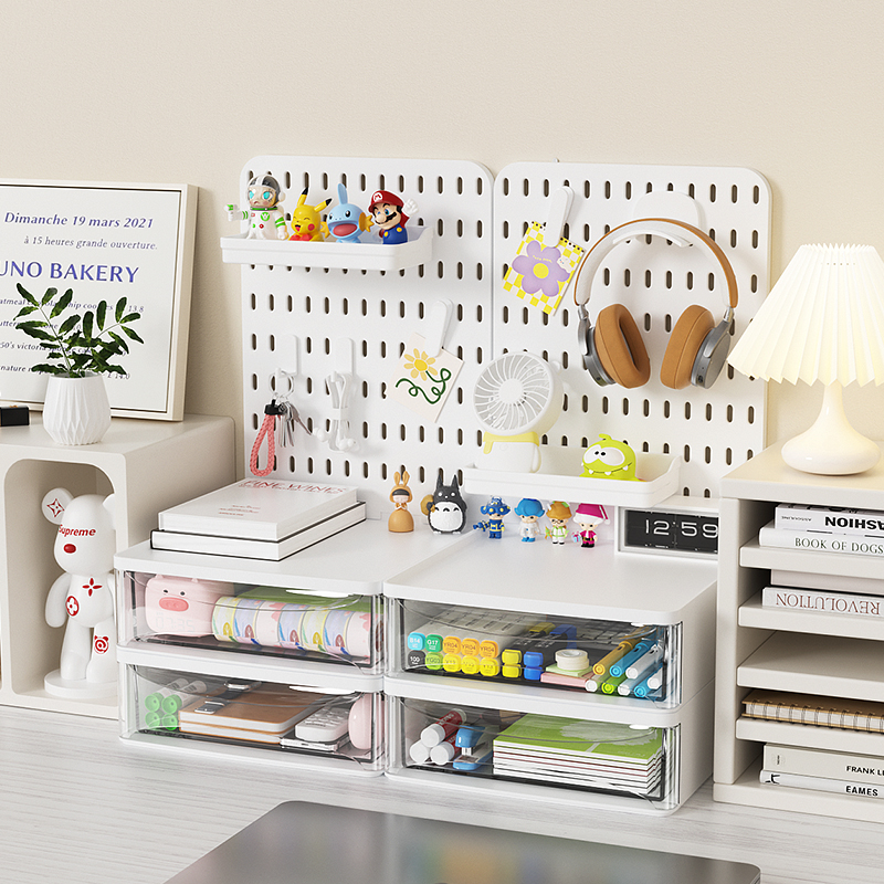 Pegboard de escritorio de oficina con estantes de almacenamiento y cajas de almacenamiento, cajones de gran capacidad y de combinación libre.