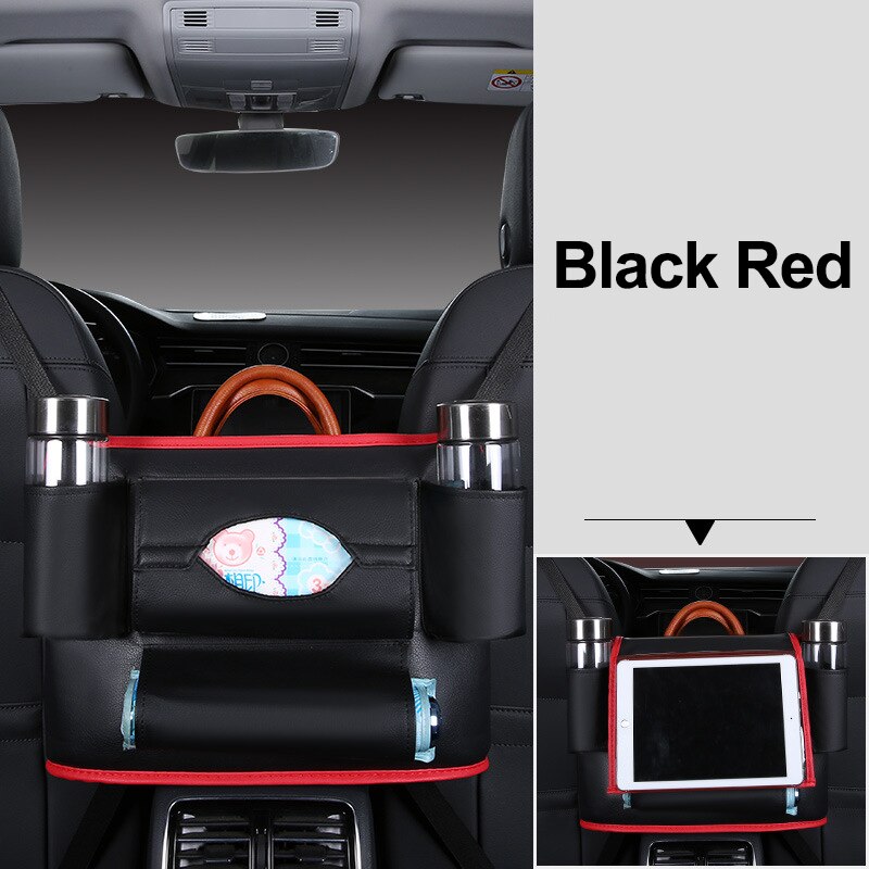Autostoel rugleuning hangende opbergruimte stoel organizer pu lederen tissue opbergzak bekerhouder opbergen opruimen accessoires voor autostoelen: Zwart en rood