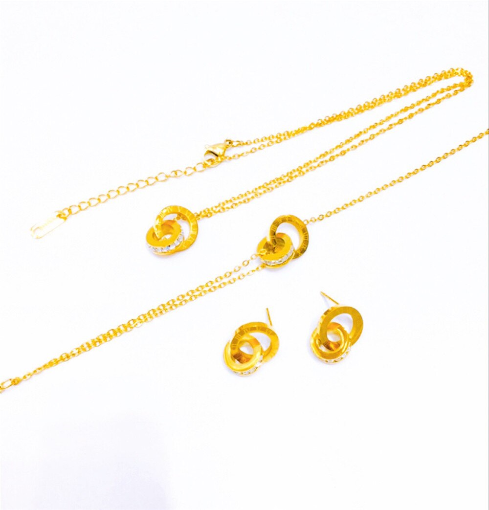 316L Rvs Romeinse Ingelegde Kristallen Lucky Ketting Oorbellen Armband Set Dubbele Ring Ingelegd Zirkoon Sieraden Set
