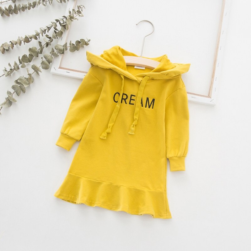 6New Autumn 1-7T Baby Girl Clothes Lovely Toddler Girl Dress Casual Long Sleeve Letter Printing Hoodie Kids Hooded Dress: YELLOW / 5T
