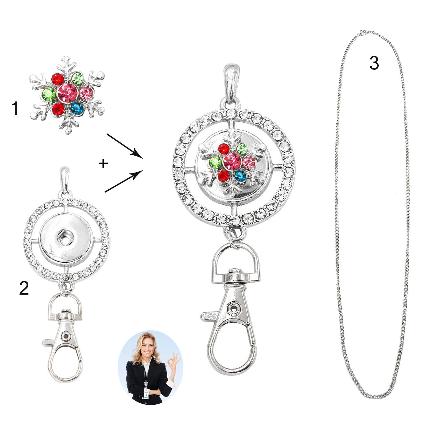 Idclip Schlüsselband Halfter Ich würde Abzeichen Eule schnappen Schmuck Rosa Reize Anhänger Clip Bling Halskette Frauen Büro zubehör: LA08