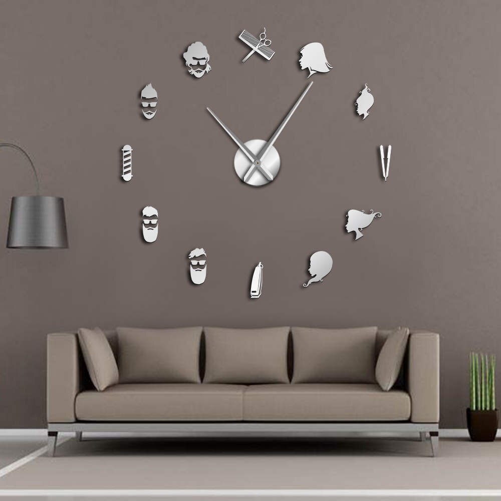 Barber shop 3d diy mute wall clock skønhedssalon wall art decor kæmpe stor nål rammeløst urur med spejleffekt klistermærke: Sølv / 27 tommer