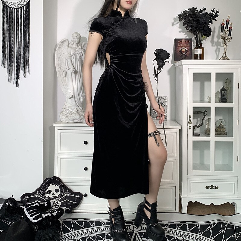 Gothic Jurk Voor Vrouwen Chinese Cheongsam Dark Stijl Vintage Fluwelen Rokken Stand Kraag Cheongsam Slanke Hoge Split Sexy Qipao