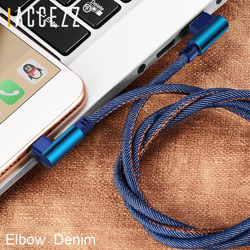 !ACCEZZ 90 Degree Denim USB Charge Cable For iPhone X XS MAX XR 8 7 6 6S 5S Plus Lighting Charging Data Cable For Ipad Mini 1 2M