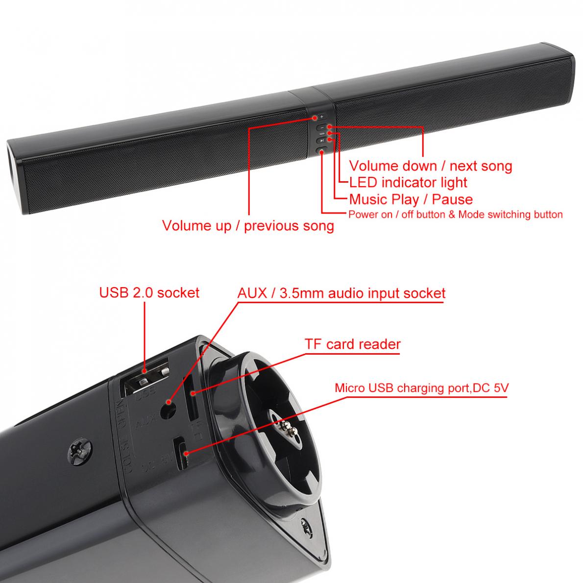 BS-36 Home Theater Sensurround Multi-function Bluetooth Soundbar Speaker Support Foldable and Split for TV PC Smartphone