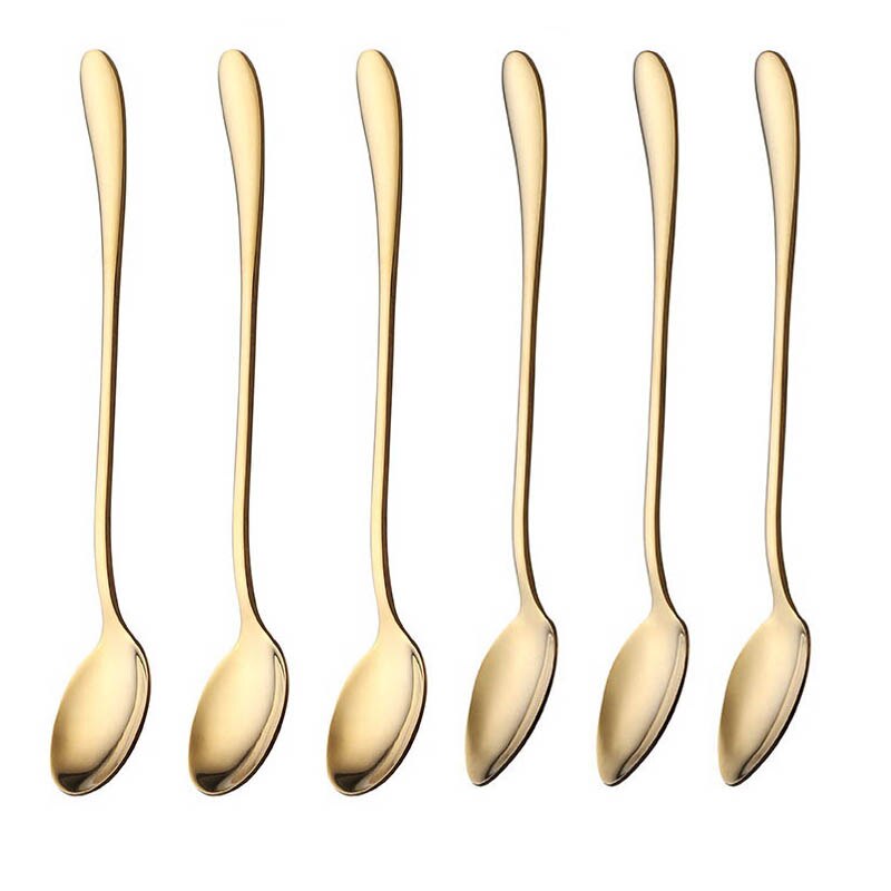19.5cm Stainless Steel Round Head Spoon Rainbow Coffee Mixing Spoon Set Cold Drink Colorful Dessert Ice Spoon Flatware 6pcs/set: Gold