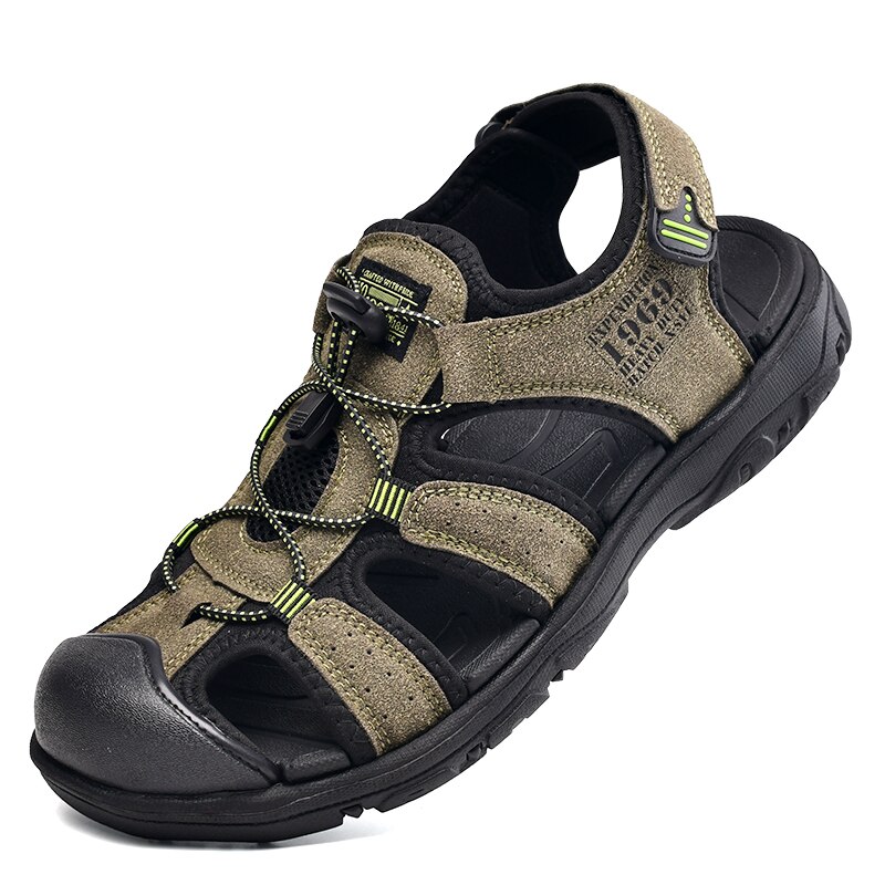 Sandalia de cuero sandalias hombre rasteira ete erkek sandalia hombre uomo para verano playa zandalias sandalias da hombres cuero plano: ArmyGreen / 41