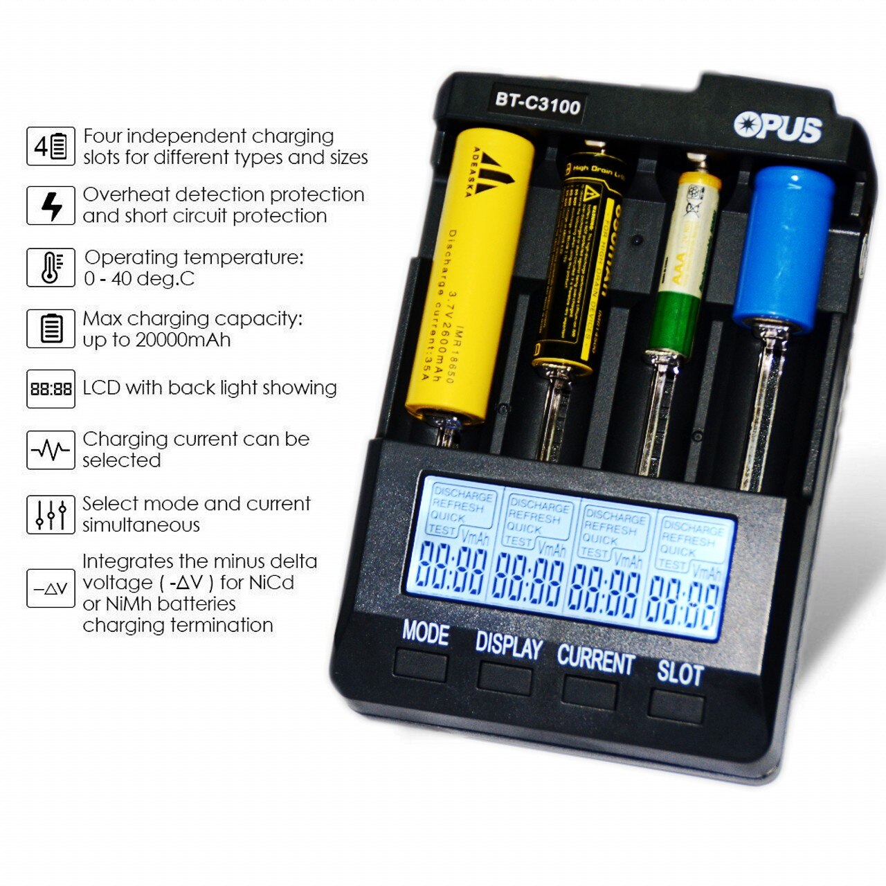 Opus BT-C3100 Digitale Intelligente 4 Slots Lcd Batterij Lader Voor Li-Ion Nicd Nimh Aa Aaa 10440 18650 Oplaadbare Batterijen