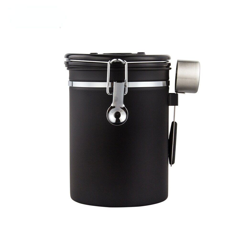 Coffee bean sealed tank 304 stainless steel exhaust valve sealed storage tank with spoon dried fruit preservation tank: black / 1.8L