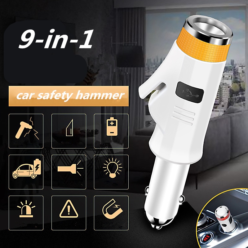 9-In-1 Auto Veiligheid Hamer 120dB Zoemer Alarm Usb Mobiele Power Snellader Auto Interieur Sfeer lamp Draagbare Zaklamp