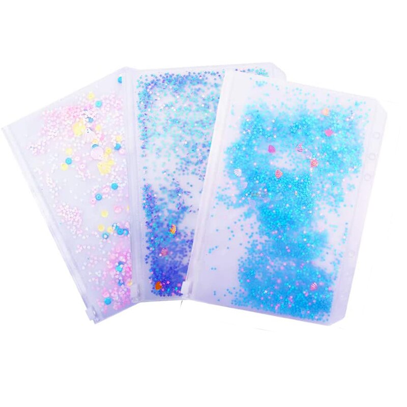Archivador con agujeros y bolsillos de plástico para libreta, bolsa con cremallera para 6 anillos, con copos de brillantina, decoración de estrellas, A5/A6