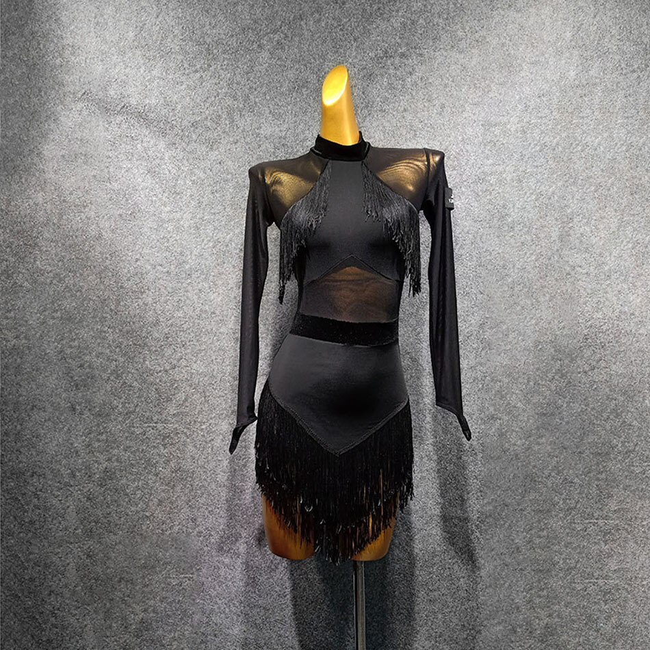 Vestido negro de manga larga con flecos para mujer, vestido de baile latino, para actuaciones, salón de baile, Samba, Tango, T048-2, novedad de