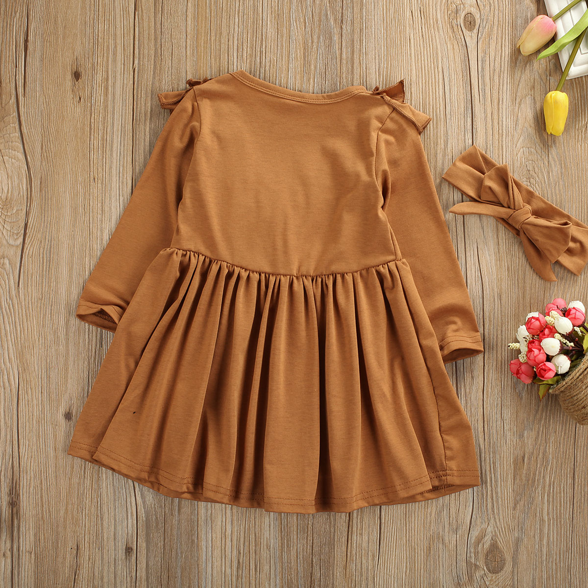 1-6Y Peuter Kids Baby Meisjes Jurk Ruches Lange Mouwen Effen Party Casual Dress Hoofdband Kleding Outfits