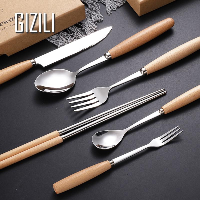 Tableware Stainless Steel Fork Spoon Chopsticks Cutlery Wood Handle Flatware Kitchen Utensils Dinnerware Set 2/3/4Pcs/set