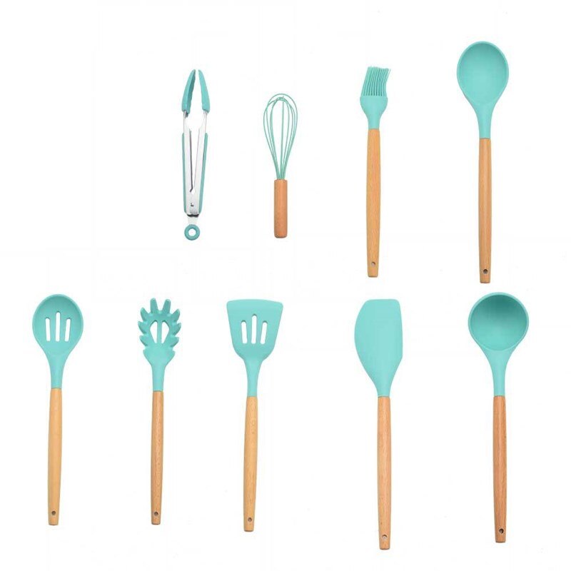 Ensemble d'ustensiles de cuisine en Silicone 11 pièces, poignée en bois massif rose avec boîte de rangement, accessoires d'outils de cuisine Kit de cuisine: Mint green 9pcs A