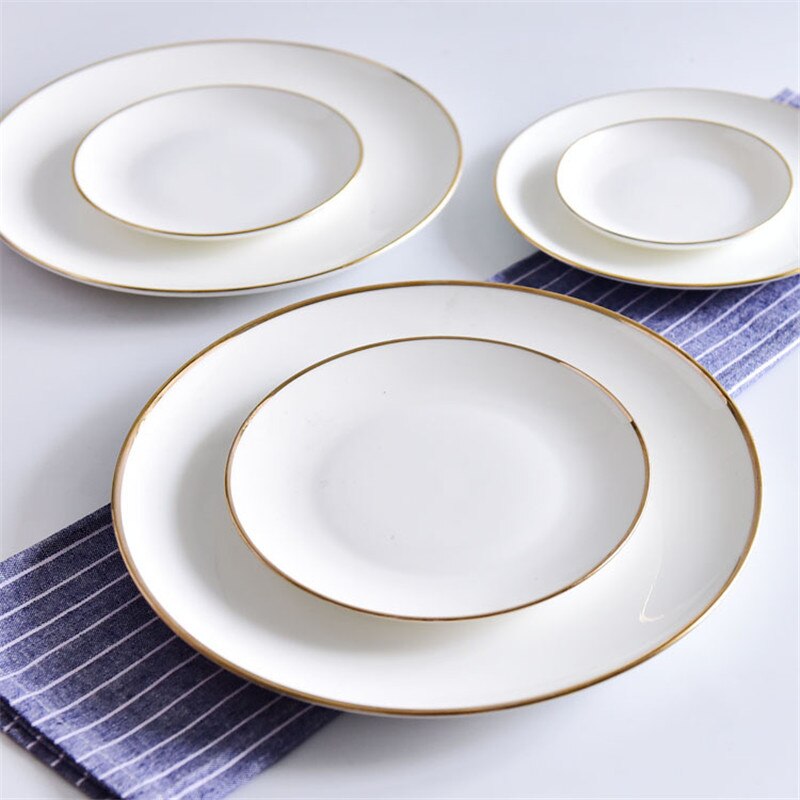Brief Solid Round Ceramic Plate Bone China Golden Edge Dinner Plate Porcelain Household Breakfast Dishes Steak Tray Snack Plate
