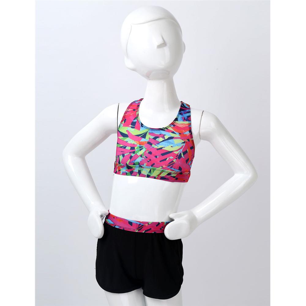 Kids Sets Girls Sleeveless Cutouts Racer Back 3D Digital Printed Crop Top Sports Bra with Boy-cut Shorts Workout Running Suit